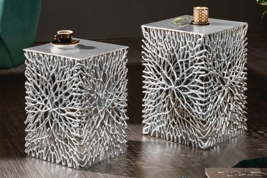 Invicta Interior Filigraan bijzettafel set van 2 Elysian Essence LEAF 45cm zilver handgemaakt