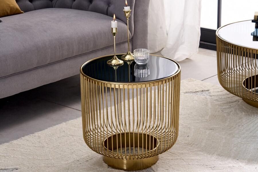 Invicta Interior Filigraan design bijzettafel VARIATION 50cm goud metaal rond zwart glas handgemaakt 43232 - Foto 2