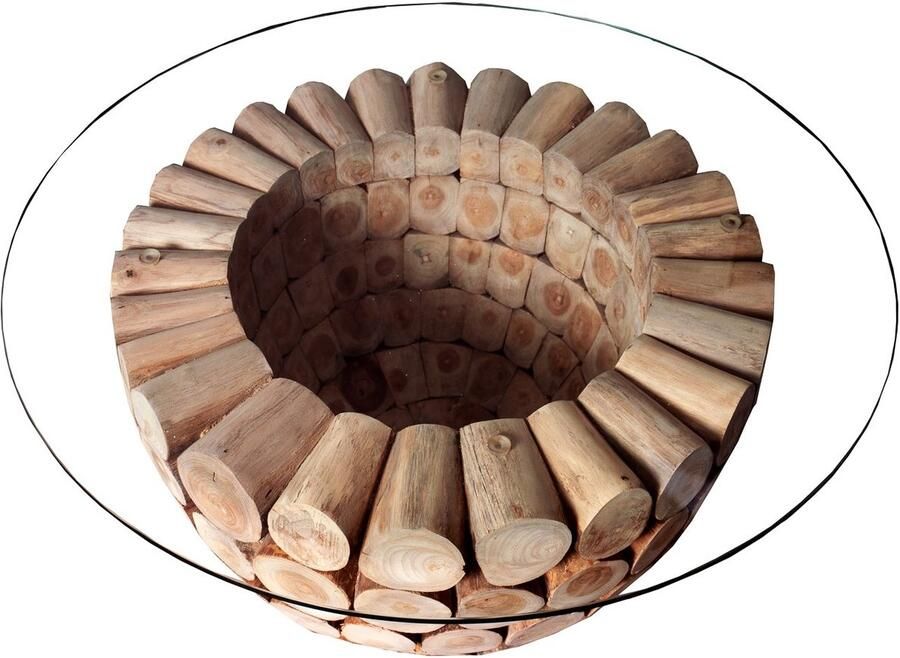 Invicta Interior Handgemaakte salontafel PURE NATURE 70cm massief teakhout rond met glazen blad 37442-1