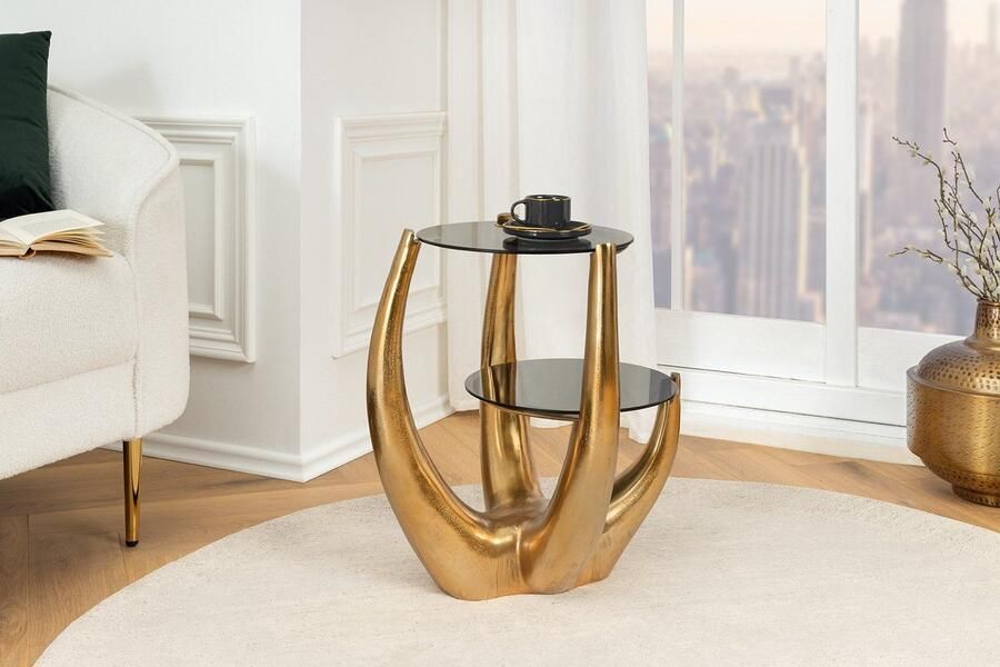 Invicta Interior Handgemaakte bijzettafel LEVELS 50cm goud antiek zwart glas zwart metaal 44858