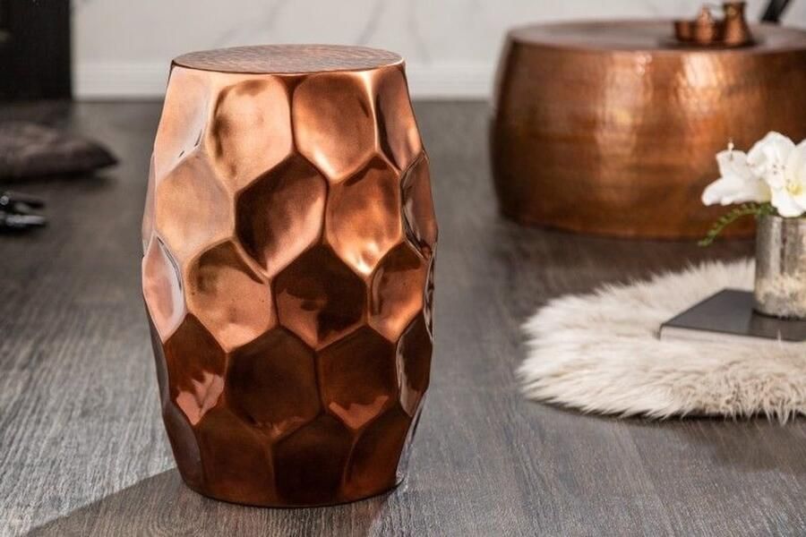 Invicta Interior Handgemaakte bijzettafel Château Essence Majestic Grandeur 50cm koper metaal gehamerd ontwerp honingraat rond