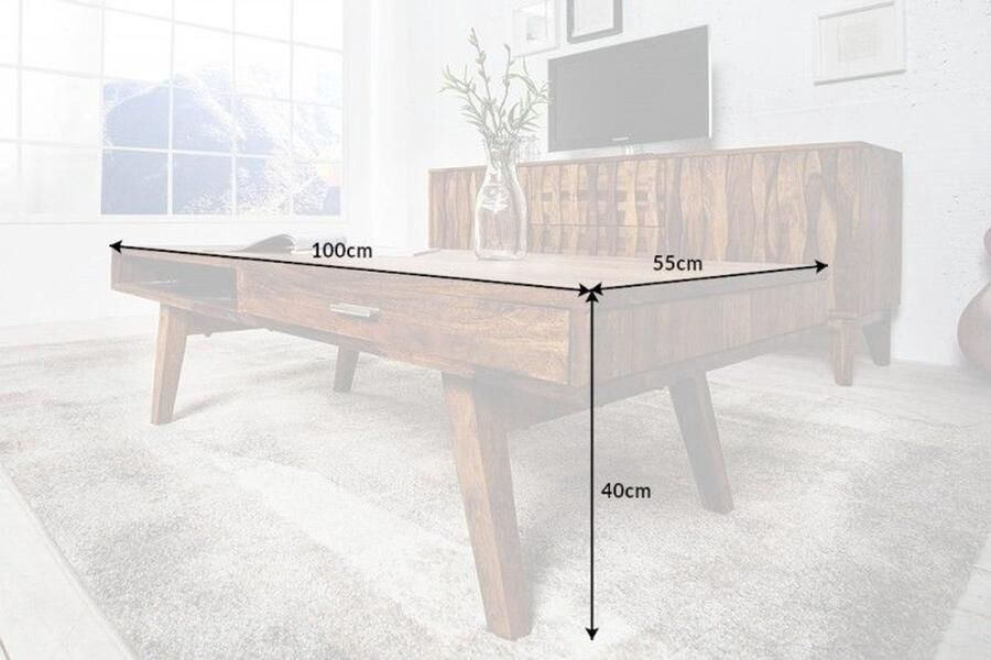 Invicta Interior Handgemaakte salontafel RETRO 100cm massief sheeshamhout met lades 40278