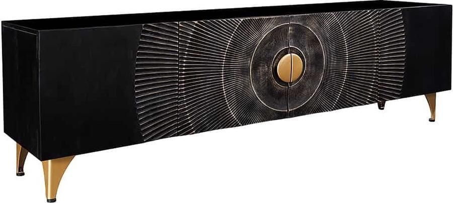 Invicta Interior Handgemaakte TV lowboard GOLDEN SUNSET 180cm zwart met 3D houtsnijwerk goud mango hout massief metalen poten 44303 - Foto 2