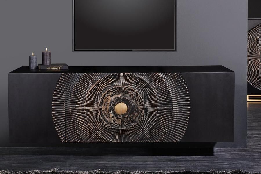 Invicta Interior Hangend dressoir GOLDEN SUNSET 180cm zwart met 3D houtsnijwerk goud massief mango hout handgemaakt 44525