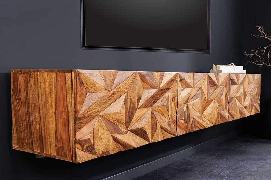 Invicta Interior Hangend tv-meubel ALPINE 160cm naturel sheesham massief hout steenafwerking metaal mat goud 43708 - Foto 2