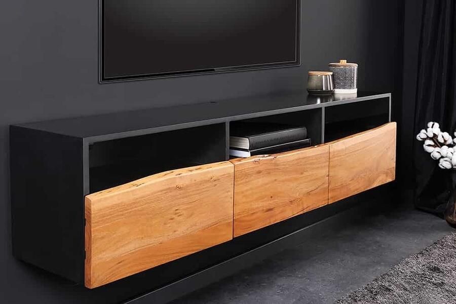 Invicta Interior Hangende TV lowboard ORGANIC ARTWORK 140cm antraciet acacia massief houten boomrand 44057 - Foto 2