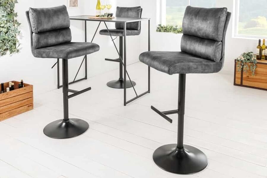 Invicta Interior In hoogte verstelbare barkruk COMFORT donkergrijs fluwelen draaibaar met zwart metalen rugleuning 43650 - Foto 2