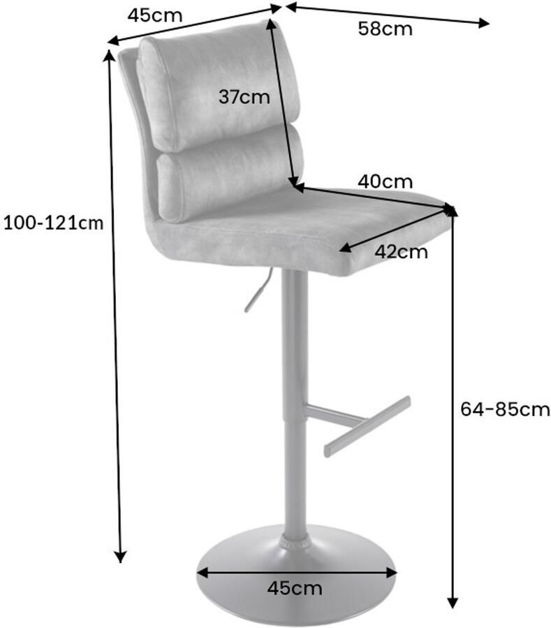 Invicta Interior In hoogte verstelbare barkruk COMFORT grijs corduroy draaibaar met rugleuning metaal zwart 43653