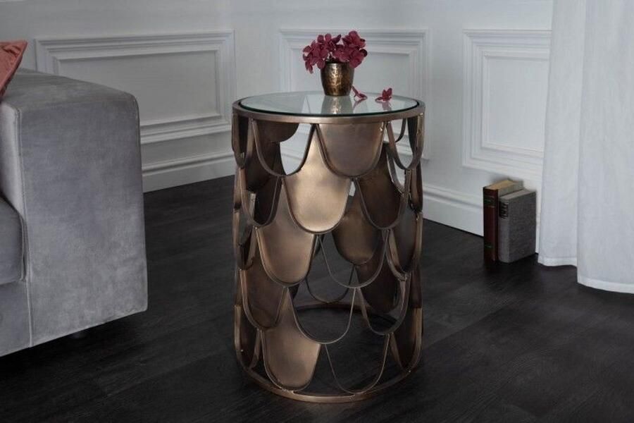 Invicta Interior industrieele bijzettafel Elysian Essence 55cm antiek messing metaal visschub design rond glas