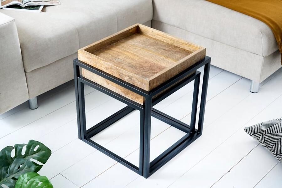 Invicta Interior Set van 2 bijzettafels SERVITEUR 50 cm naturel mangohout zwart metalen frame massieve salontafels 42575 - Foto 2