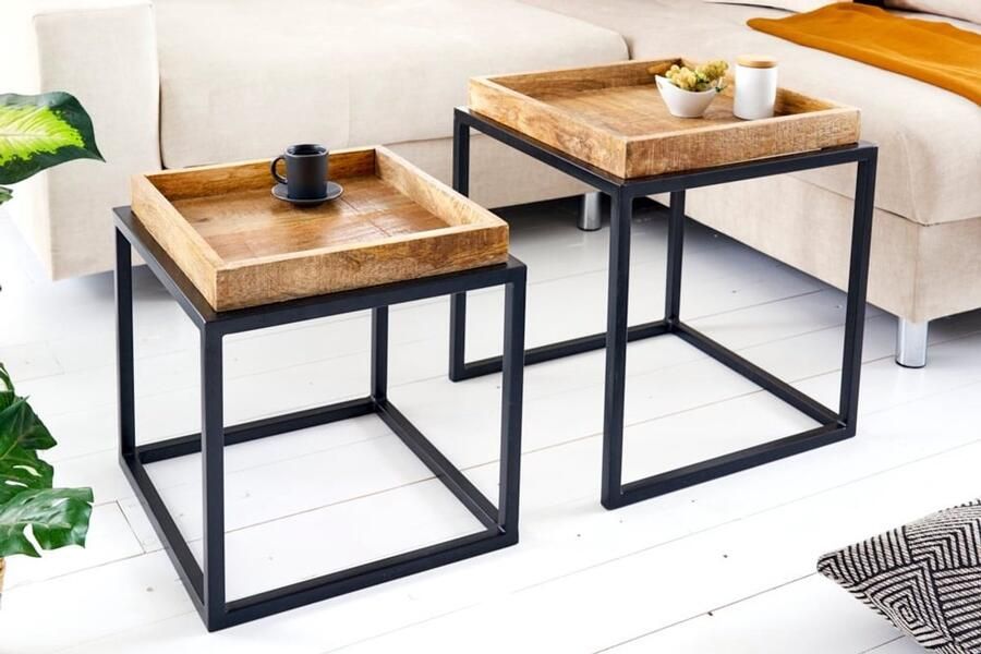 Invicta Interior industrieele bijzettafel set van 2 SERVITEUR 45 cm metalen salontafel van natuurlijk mangohout 42575