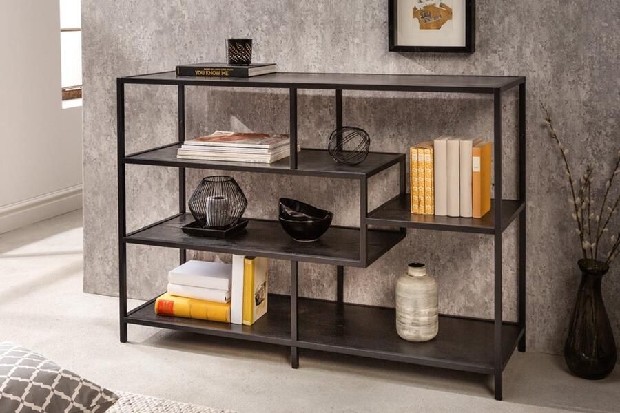 Invicta Interior industrieele boekenkast SLIM LINE 114cm zwart essen vijf planken 42019