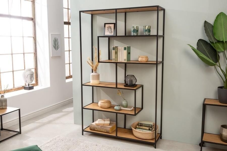 Invicta Interior industrieele boekenkast SLIM LINE 185x114cm wilde eik zwart zes planken 42024