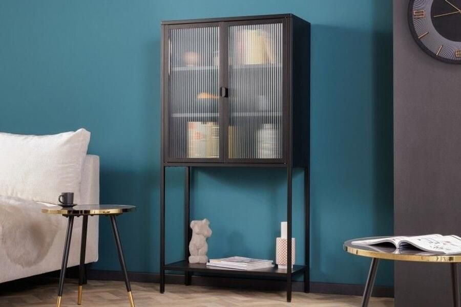 Invicta Interior industrieele vitrine DURA STEEL 150cm zwart metalen Riffelglas highboard 41725