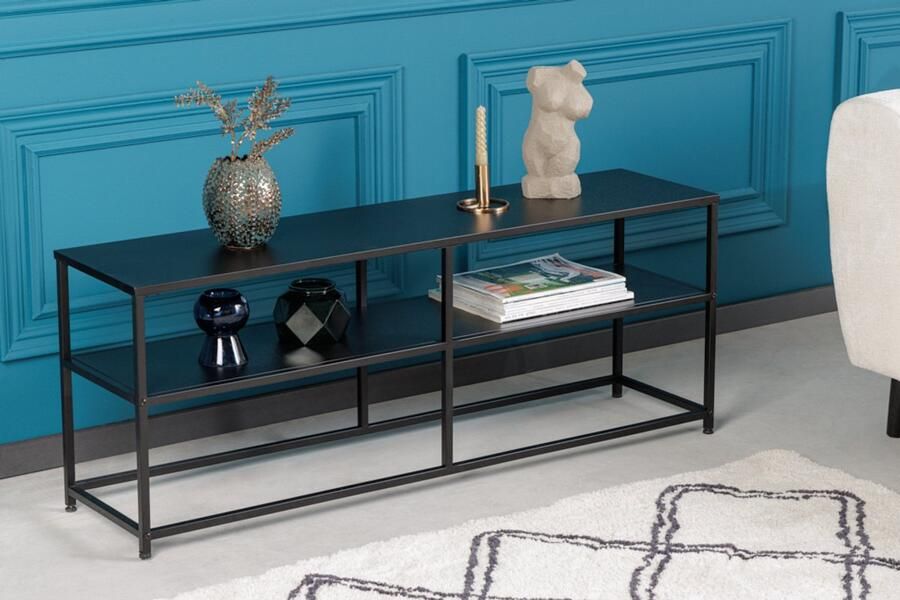 Invicta Interior Industriële consoletafel DURA STEEL 120 cm zwarte metalen tv-plank met twee planken 41732