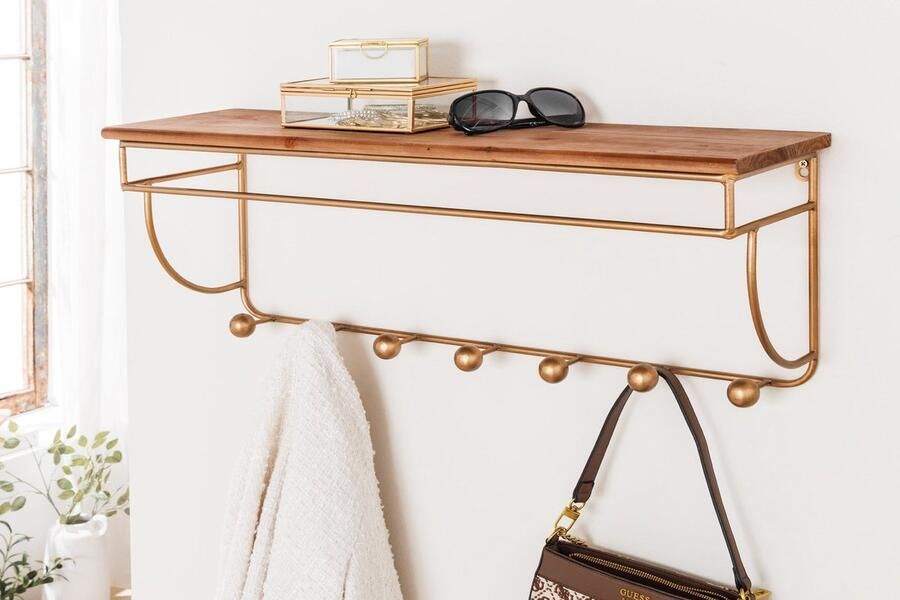 Invicta Interior Decoratieve wandkapstok HERITAGE 80 cm naturel goud messing grenen metaal met plank 44479