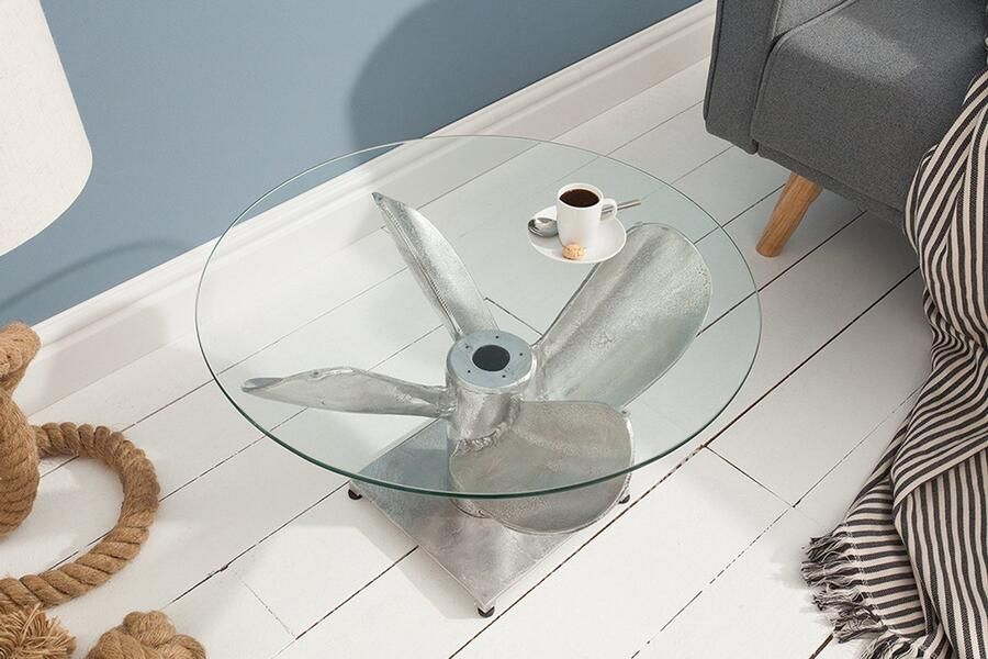 Invicta Interior Maritieme salontafel OCEAN M 60cm antiek zilver rond scheepspropeller glazen blad 39089