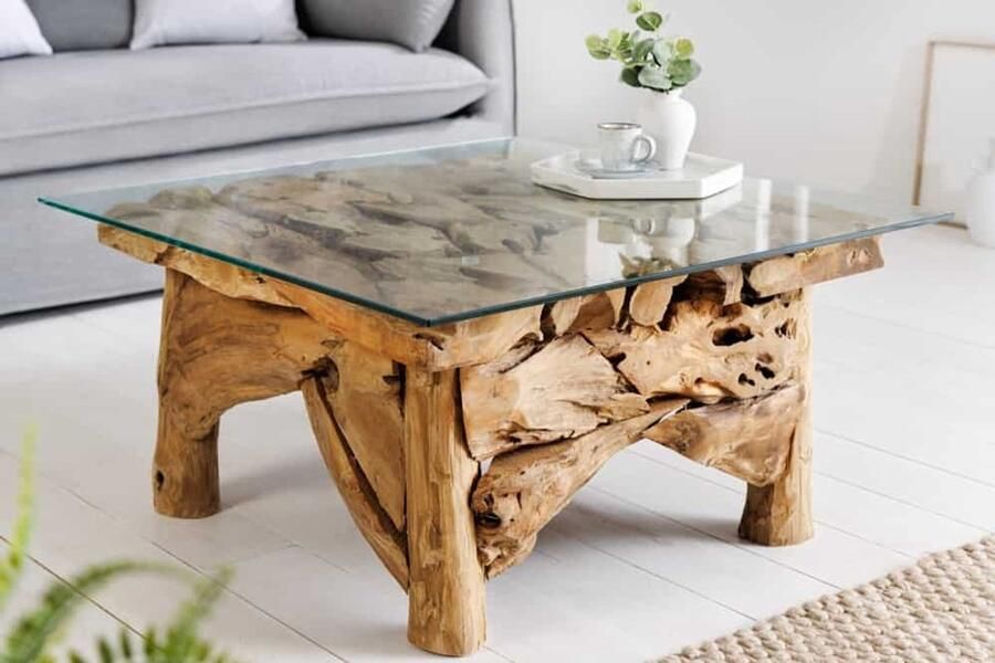 Invicta Interior Maritieme salontafel RIVERSIDE 80cm Natuurlijk Teak Massief Glazen Blad Handgemaakt 43199-1