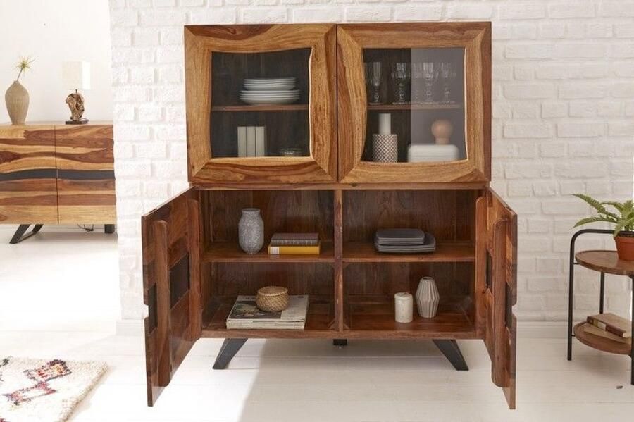 Invicta Interior Massief dressoir AMAZONAS 140cm bruine sheeshamhouten vitrinekast met boomrand 40195 - Foto 2