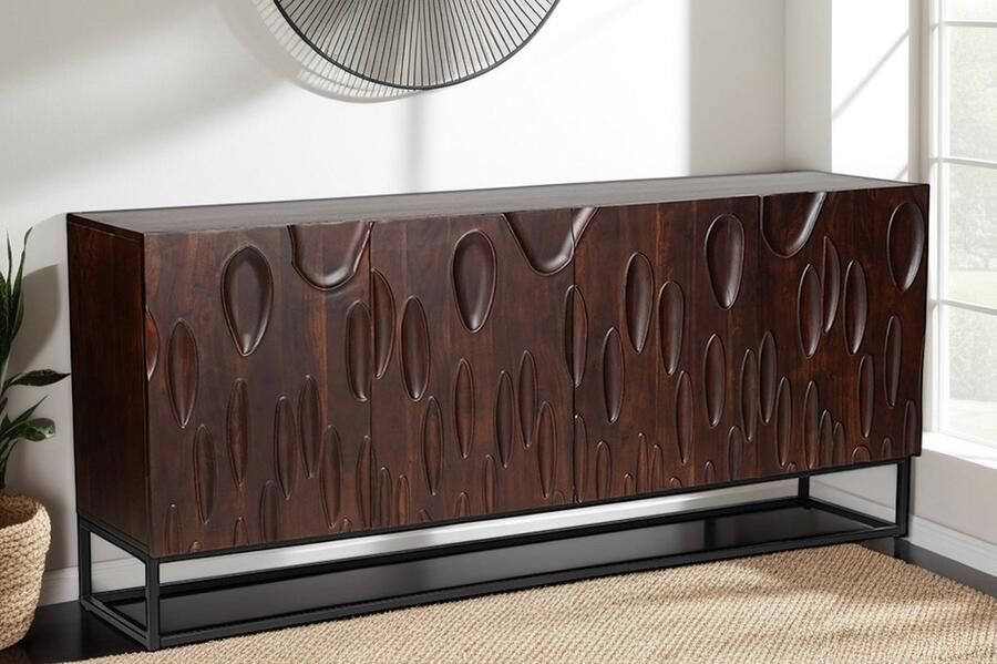 Invicta Interior Massief dressoir DUNE 175cm walnootbruin acaciahout 3D design zwart metaal 45596