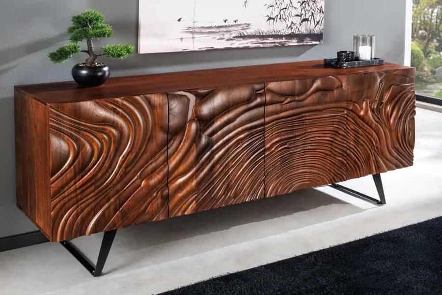 Invicta Interior Massief dressoir FLUID 175cm Walnoot-Bruin Acaciahout 3D Design Skid Base 45593