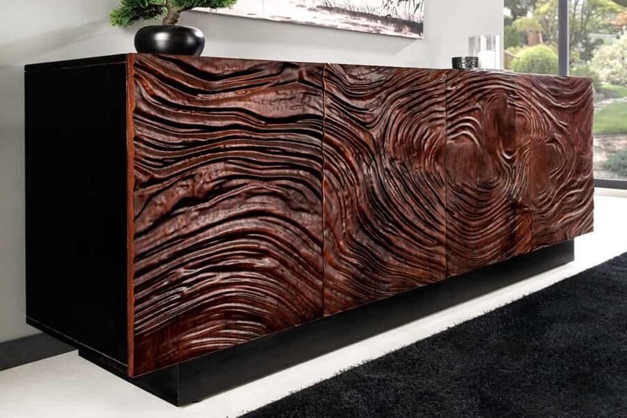 Invicta Interior Massief dressoir FLUID 175cm Walnoot Bruin Acaciahout 3D Design Zwart Onderstel 45599