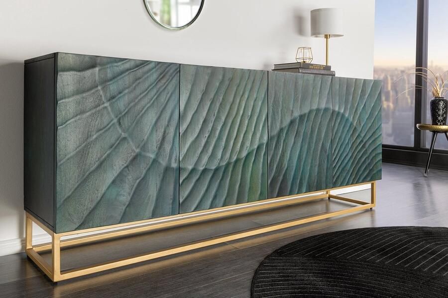 Invicta Interior Massief dressoir SCORPION 180cm turquoise mangohout goud metaal 3D houtsnijwerk 45644