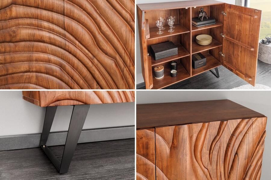 Invicta Interior Massief Highboard FLUID 120cm Walnoot-Bruin Acaciahout 3D Design Skid Base 45595