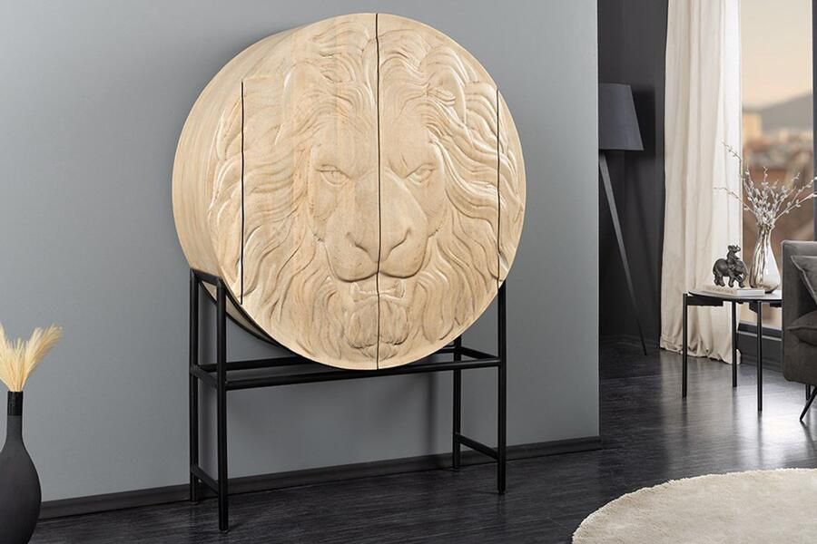 Invicta Interior Massief Highboard LION 140cm Wit Mango Hout Metaal 3D Houtsnijwerk Kunstwerk 45851