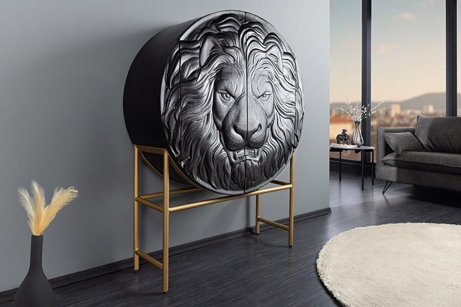 Invicta Interior Massief Highboard LION 140cm Zwart Goud Mango Hout 3D Houtsnijwerk Kunstwerk 45850