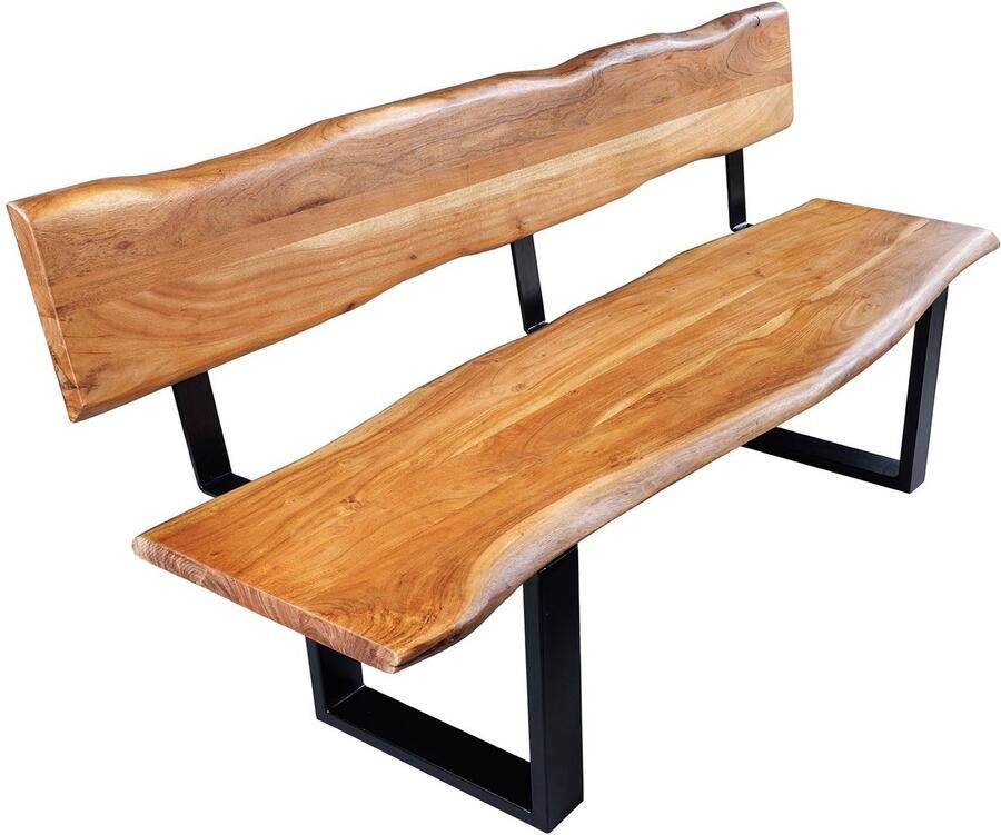 Invicta Interior Massief houten bank MAMMUT 160cm natuurlijke acaciaboom rand met rugleuning zwart metalen frame 46153