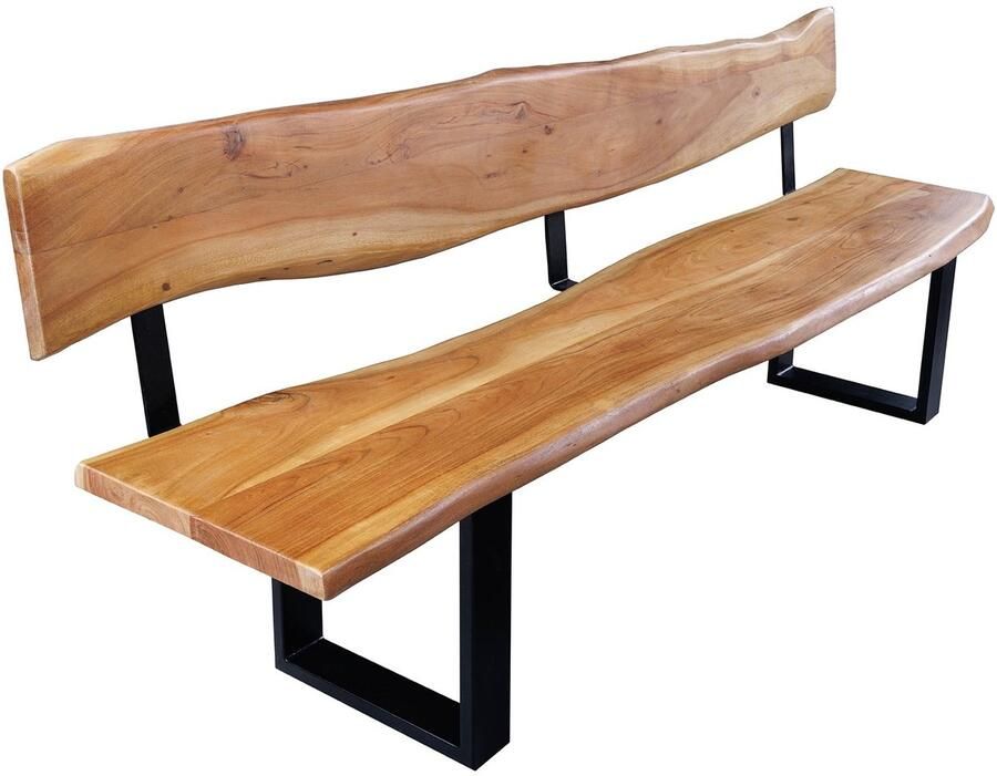 Invicta Interior Massief houten bank MAMMUT 200cm natuurlijke acaciaboom rand met rugleuning zwart metalen frame 46154