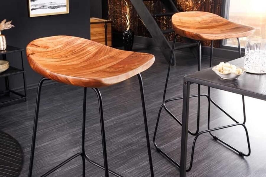 Invicta Interior Massief houten barkruk MAMMUT naturel acacia zwart metalen frame met voetsteun 43671