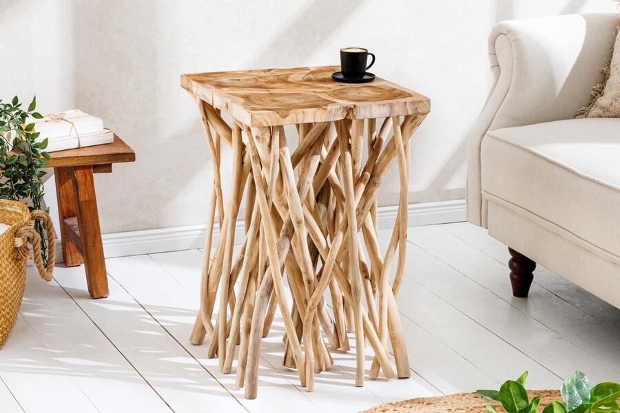 Invicta Interior Massief houten bijzettafel DRIFTWOOD 60 cm naturel teakhout vierkant in paaldesign 44715