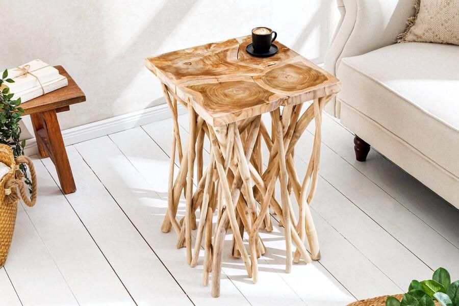 Invicta Interior Massief houten bijzettafel DRIFTWOOD 60 cm naturel teakhout vierkant in paaldesign 44715 - Foto 2