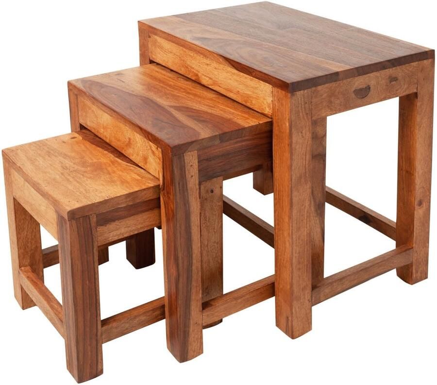 Invicta Interior Massief houten bijzettafels Set van 3 MONSOON 45 cm bruine salontafel met sheeshamstenen afwerking 40794