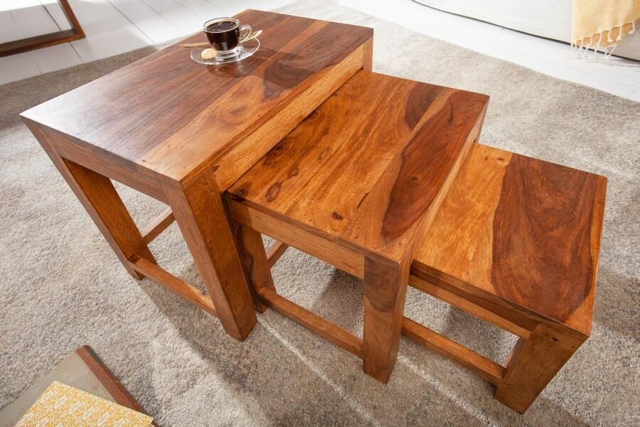 Invicta Interior Massief houten bijzettafels Set van 3 MONSOON 45 cm bruine salontafel met sheeshamstenen afwerking 40794