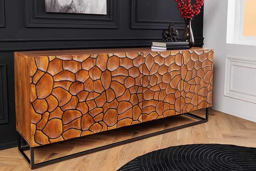 Invicta Interior Massief houten dressoir VULCANO 180cm bruin mangohout met 3D houtsnijwerk handgemaakt metalen frame zwart 44651