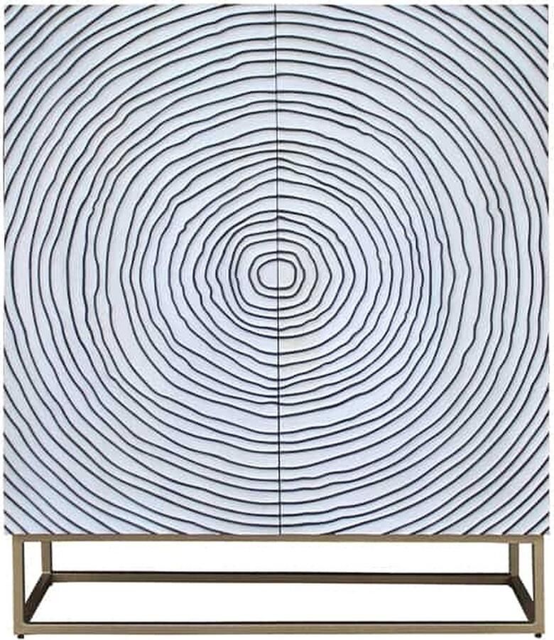 Invicta Interior Massief houten hoge kast ZEN CIRCLES 120cm wit zwart mangohout 3D design metaal goud 44492