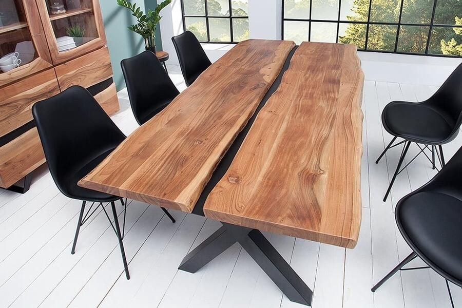 Invicta Interior Massief houten eettafel Château Grandeur 200cm bruin gevlamd acacia sledeonderstel zwarte ijzeren boomrand