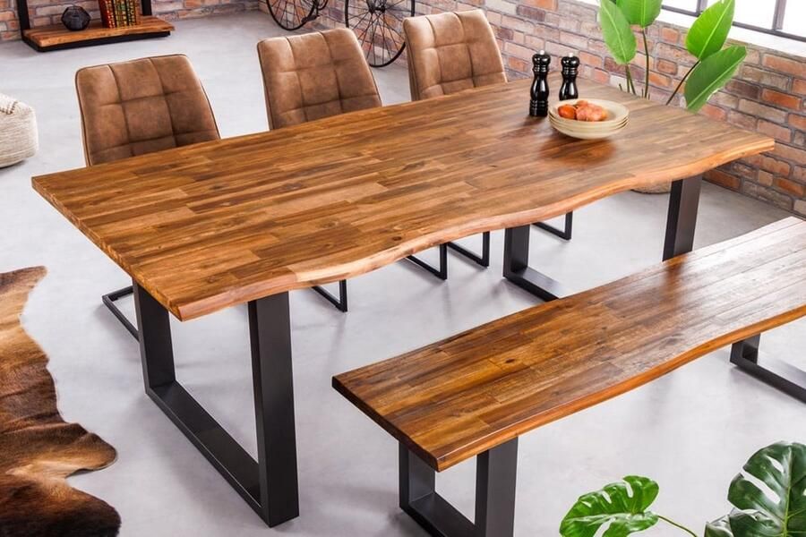 Invicta Interior Massief houten eettafel GENESIS 200cm bruin gevlamd acacia sledeonderstel zwarte ijzeren boomrand 42044 - Foto 2