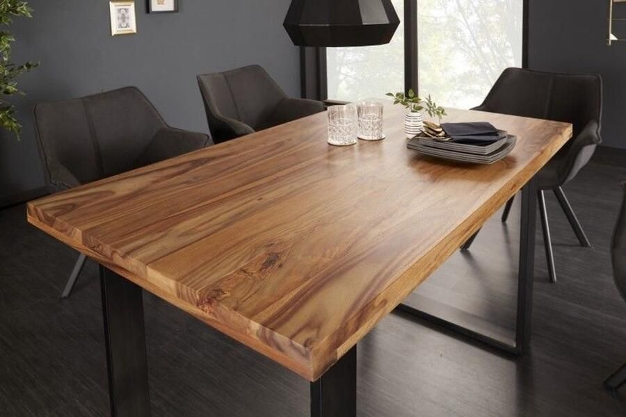 Invicta Interior Massief houten eettafel IRON CRAFT 120 cm natuurlijke Sheesham steenafwerking zwarte metalen poten loper 39866