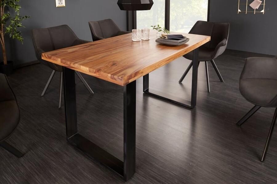 Invicta Interior Massief houten eettafel IRON CRAFT 140cm naturel zwarte Sheesham steenafwerking Industrieel Design 39867