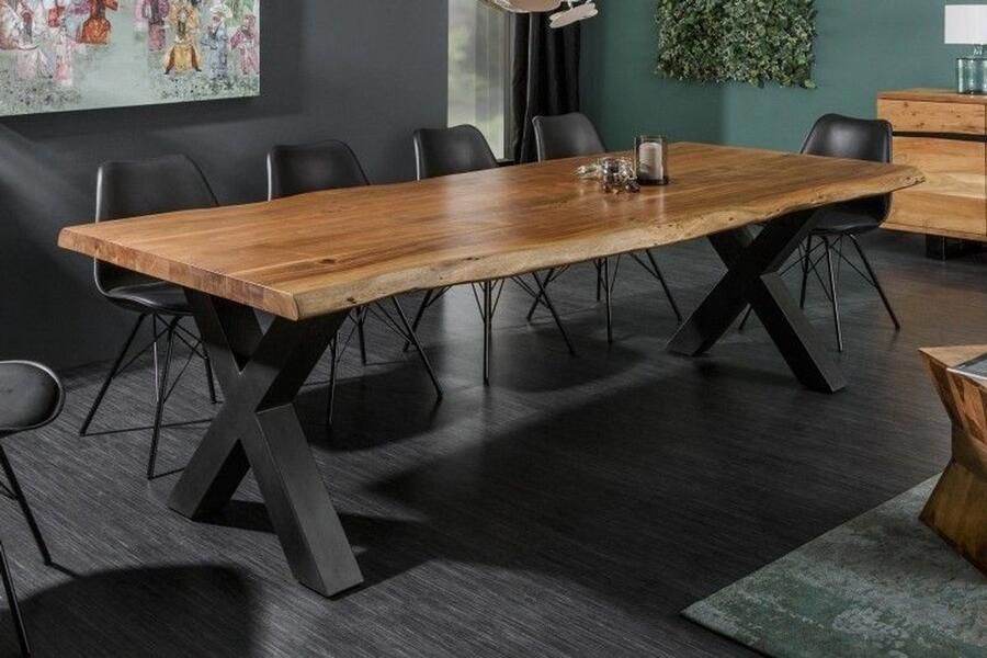 Invicta Interior Massief houten eettafel MAMMUT NATURE 200cm acacia X-frame zwarte boomrand 6cm tafelblad 38349