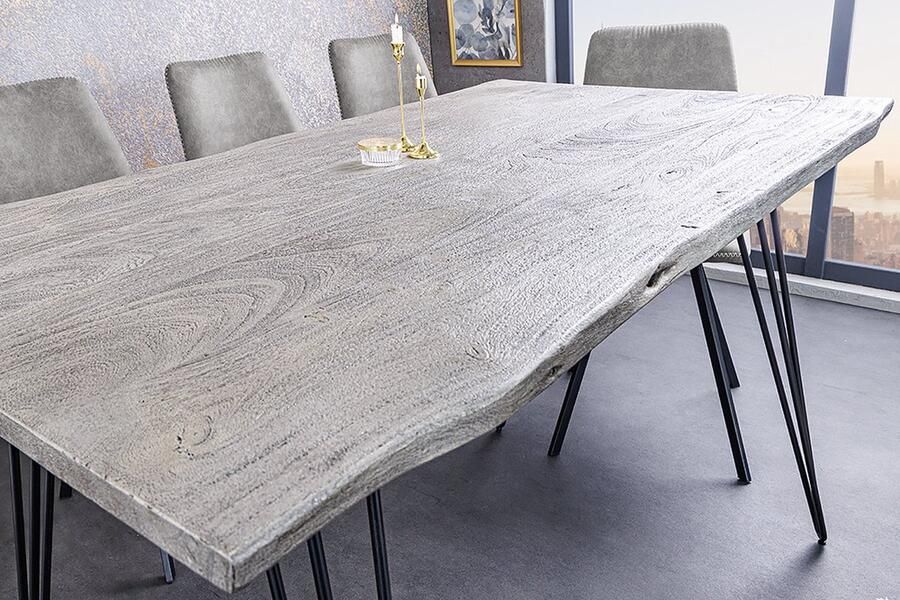 Invicta Interior Massief houten eettafel SCORPION 140cm grijze acaciaboomrand zwarte metalen poten haarspeldpoten 43665 - Foto 2