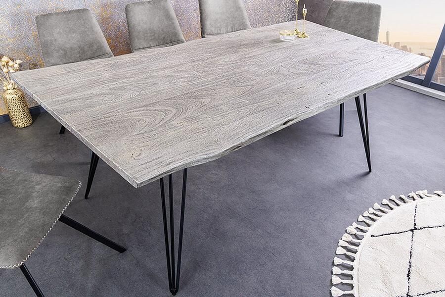 Invicta Interior Massief houten eettafel SCORPION 140cm grijze acaciaboomrand zwarte metalen poten haarspeldpoten 43665 - Foto 3