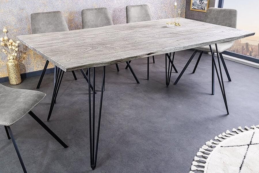 Invicta Interior Massief houten eettafel SCORPION 140cm grijze acaciaboomrand zwarte metalen poten haarspeldpoten 43665 - Foto 2