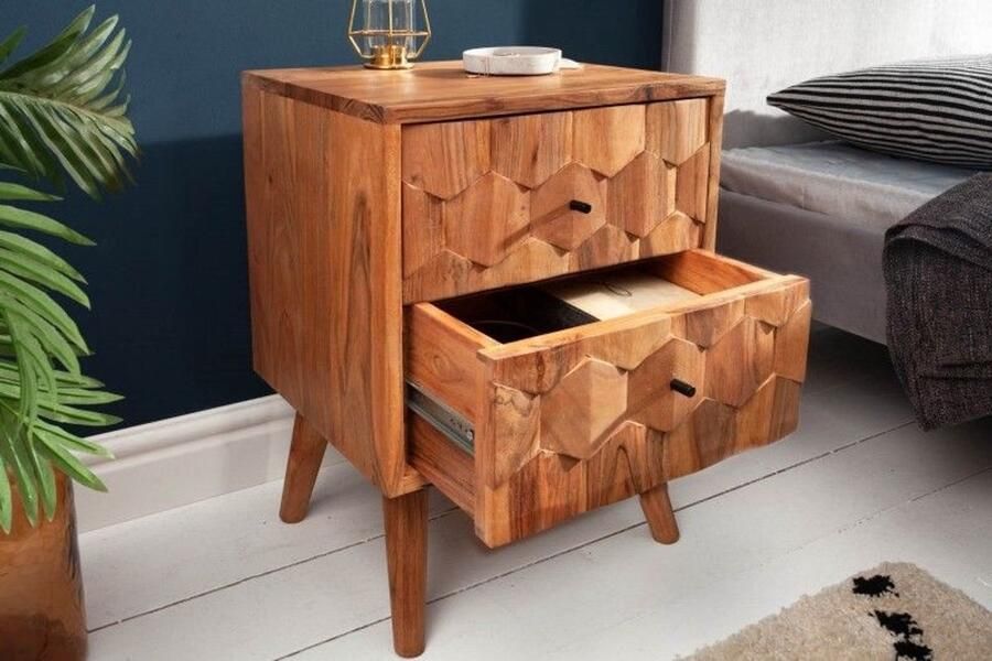 Invicta Interior Massief houten nachtkastje MYSTIC LIVING 40cm natuurlijk acacia 3D bijzettafeltje vooraan met opbergruimte 38424