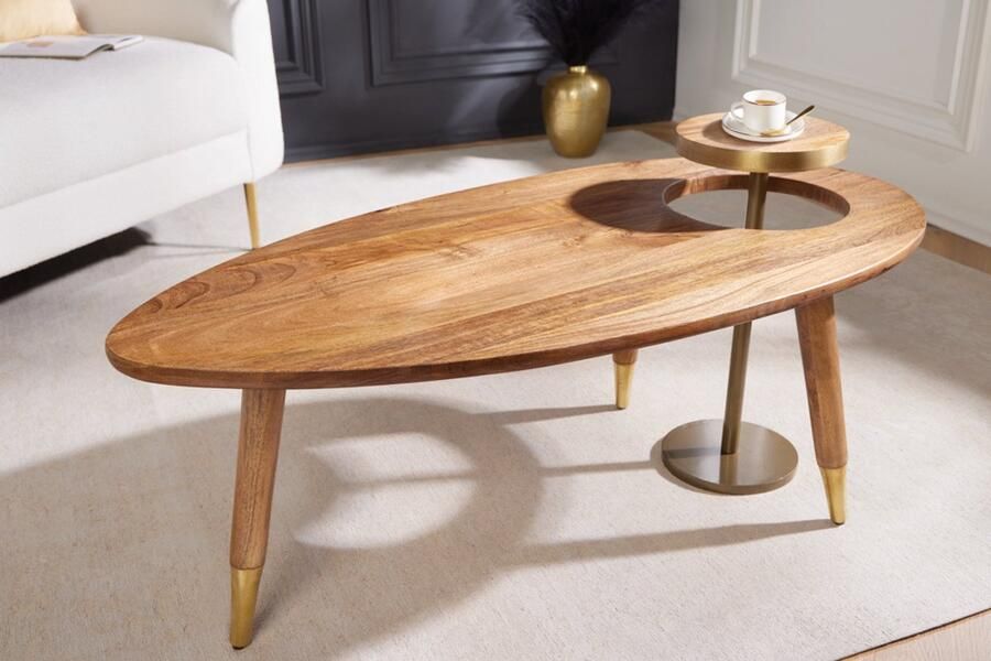 Invicta Interior Massief houten salontafel GATSBY 110 cm bruin goud mango ovale ronde bijzettafel set van 2 retro design 43348