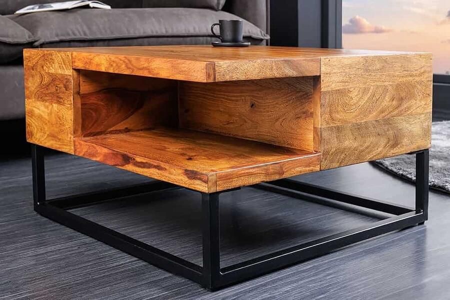 Invicta Interior Massief houten salontafel GIANT 60cm natuurlijke Sheesham steenafwerking metaal zwart met plank 43750 - Foto 2